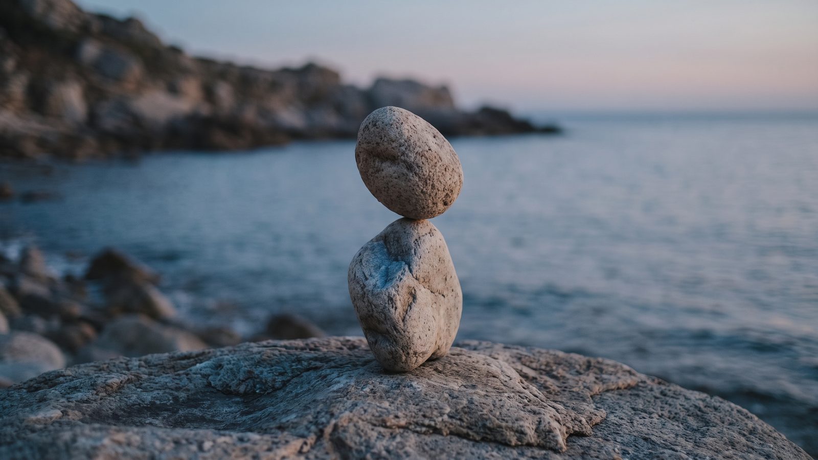 Two balanced stacked stones at dusk, a decision metaphor