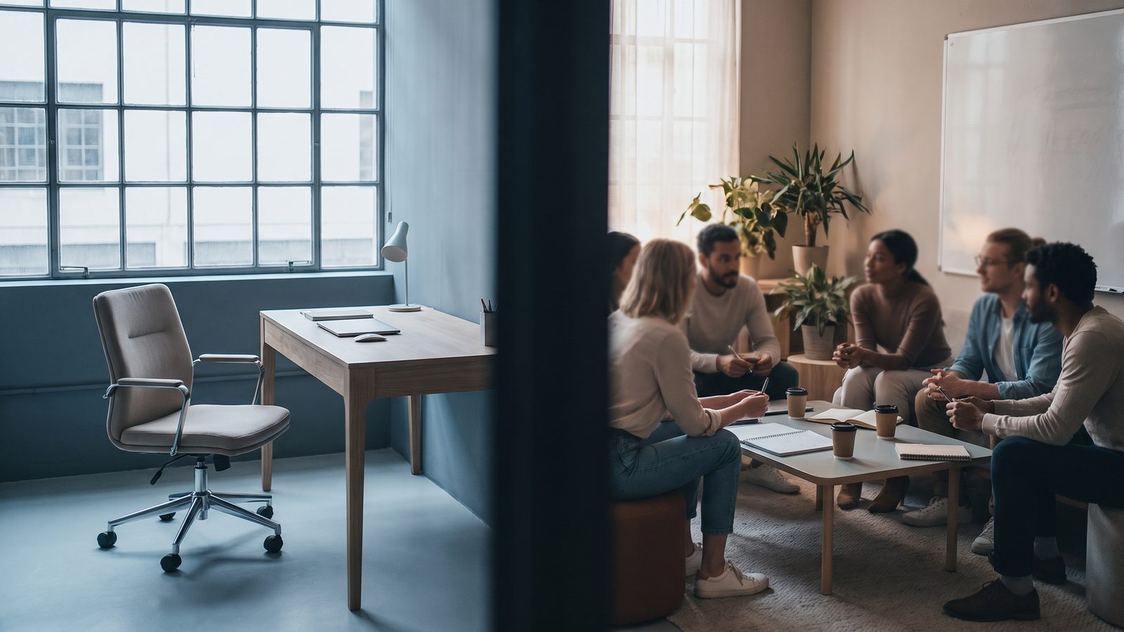 An empty office chair and desk beside a small collaborative team area