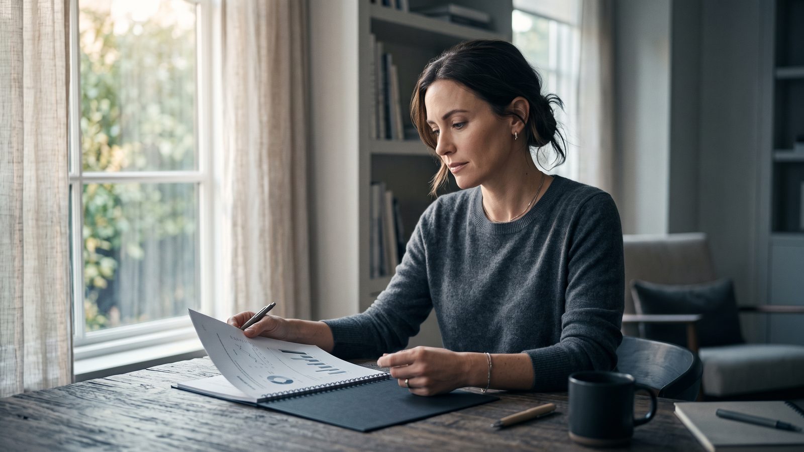 A business owner reviewing a printed report at a desk in warm window light