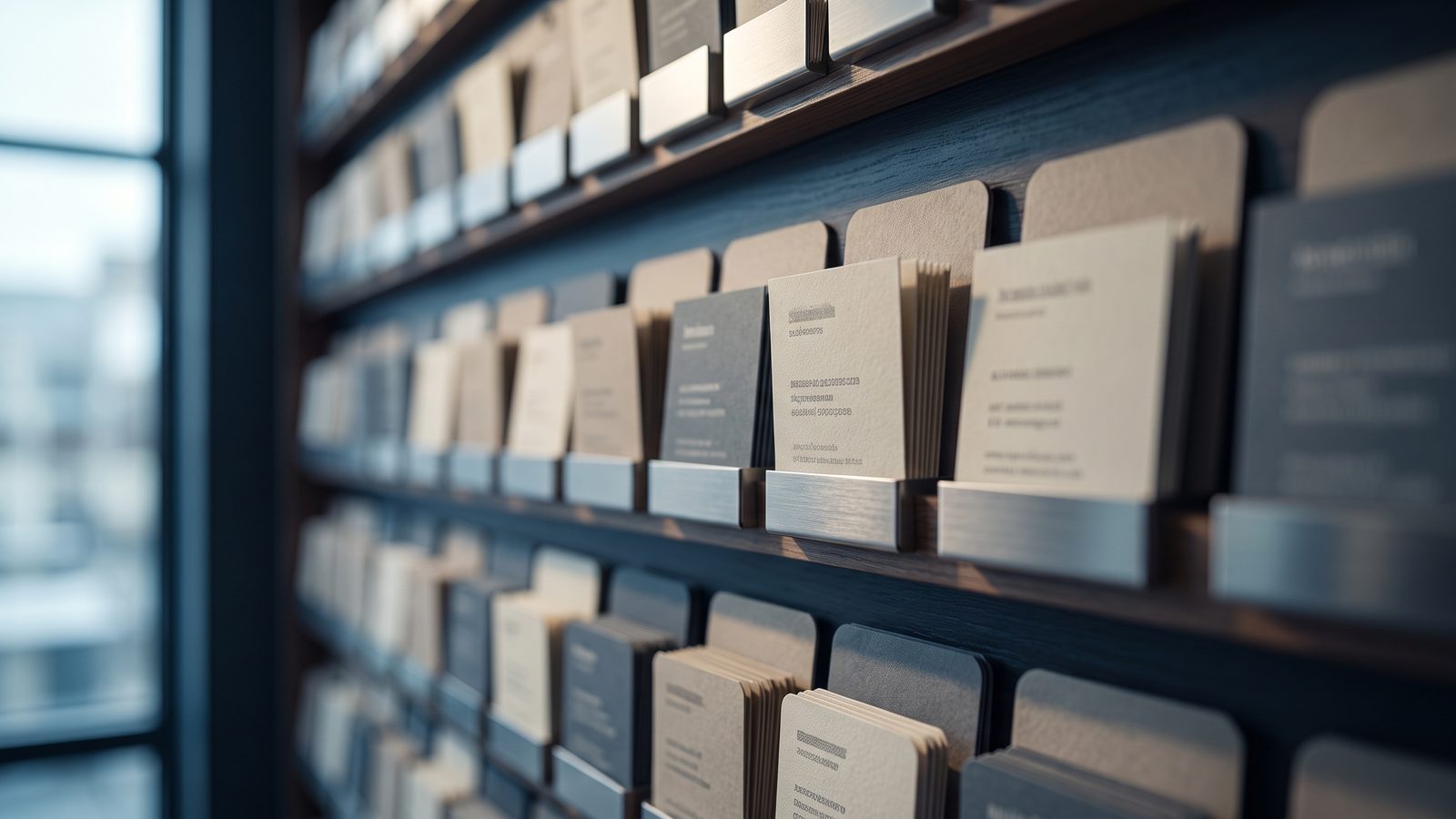 An organized wall of business directory index cards, shallow focus