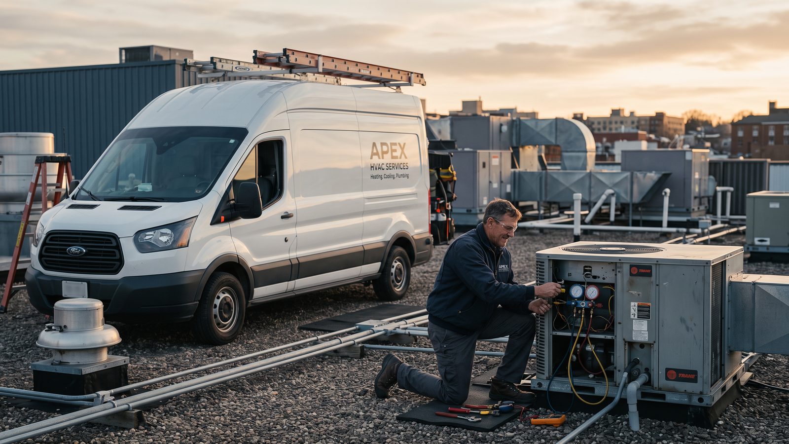 An HVAC technician beside a branded service van at golden hour