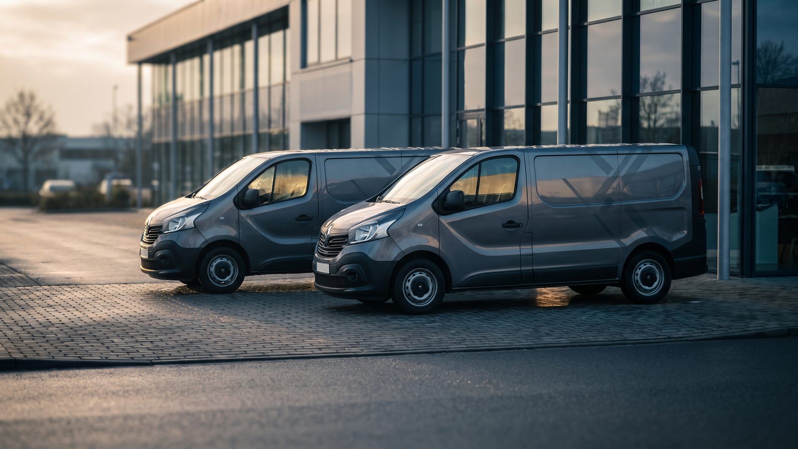 Two similar branded service vans parked outside a commercial building at golden hour