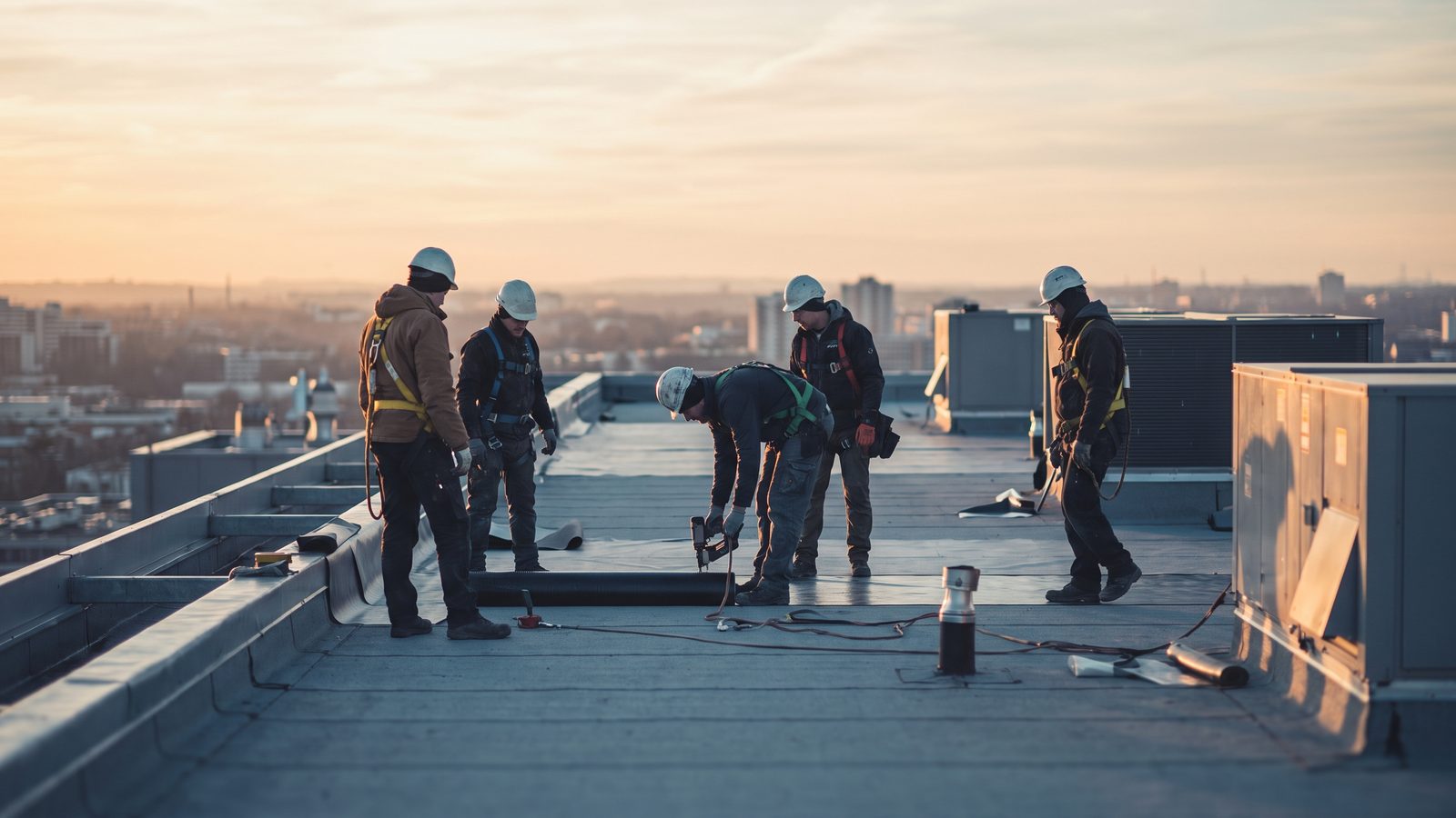 A commercial roofing crew on a large flat rooftop at golden hour