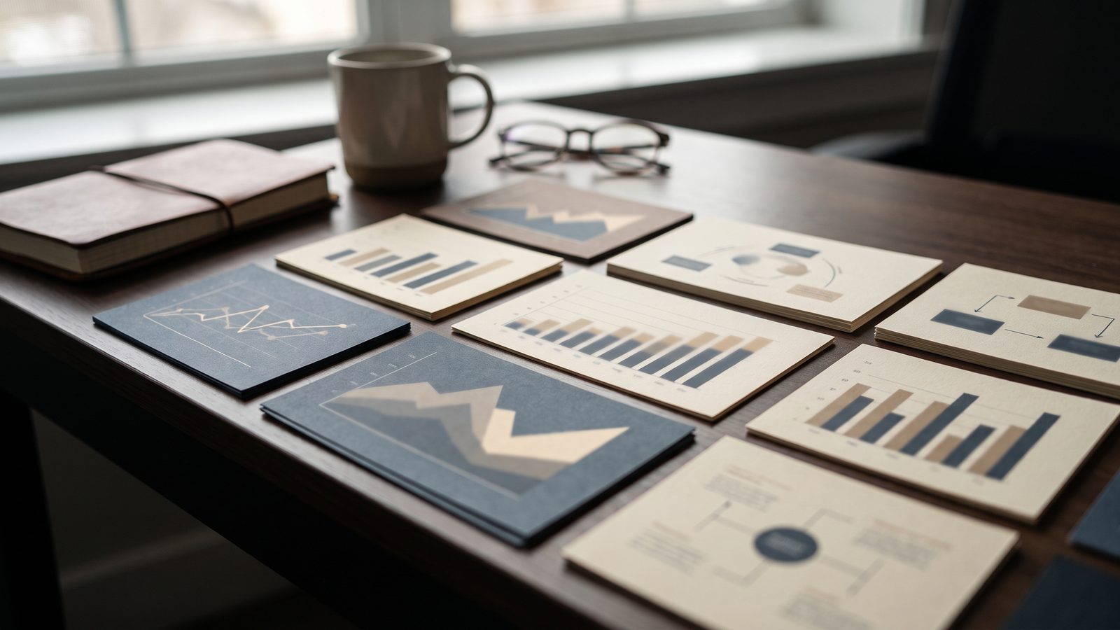 Physical chart and graph cards arranged on a desk