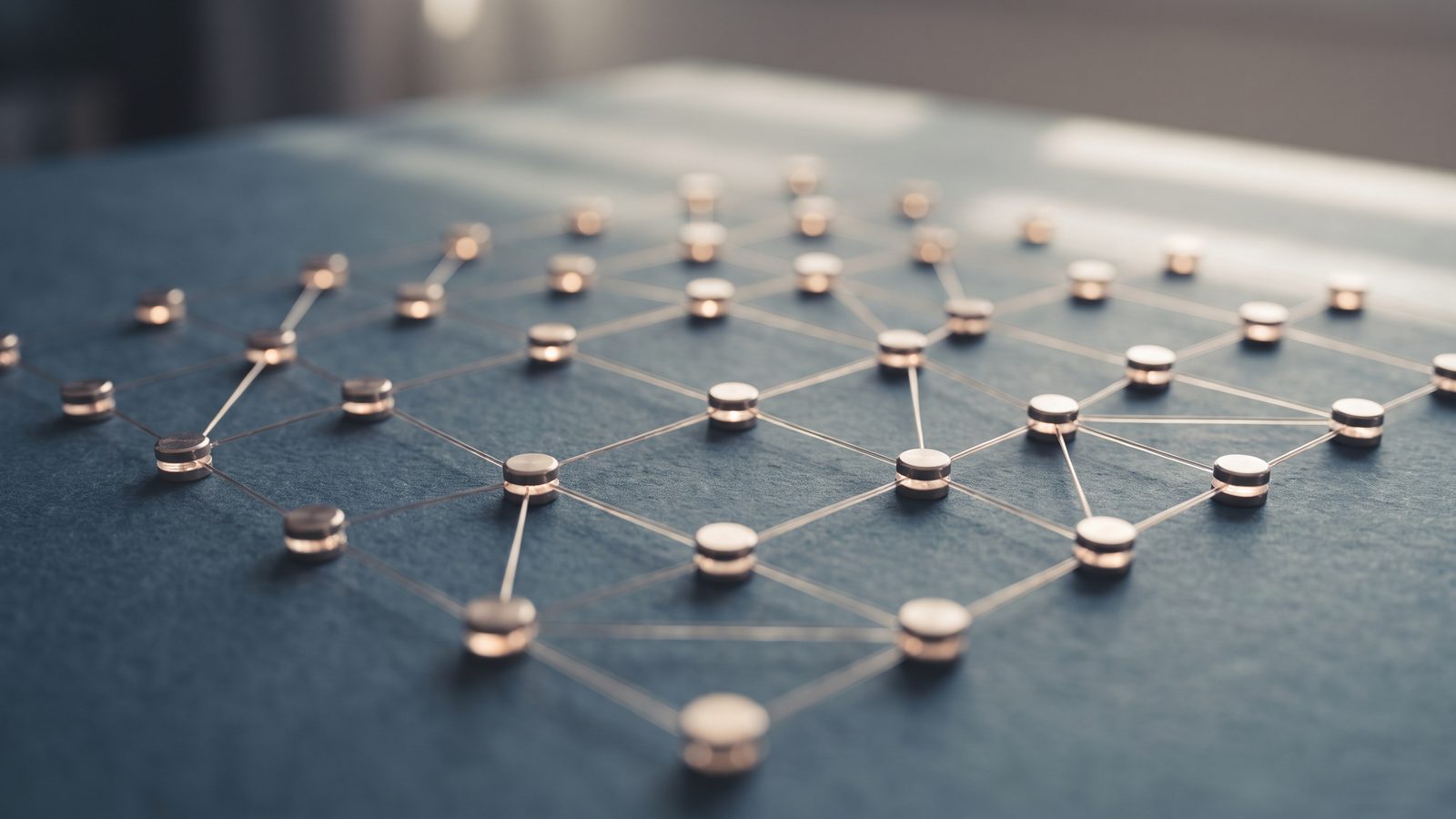 An abstract grid of glowing connected nodes over a dark slate surface