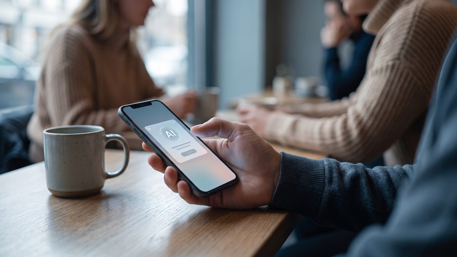 A smartphone held at a cafe showing a softly glowing answer card