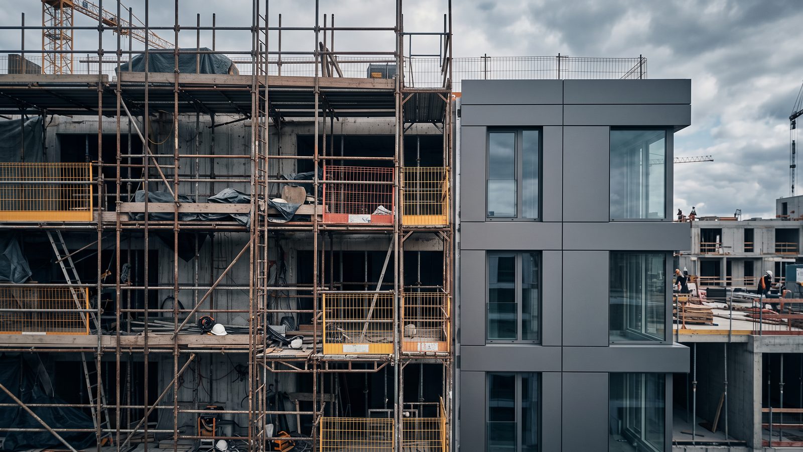 Cluttered scaffolding beside a clean prefabricated panel, a speed-and-simplicity metaphor