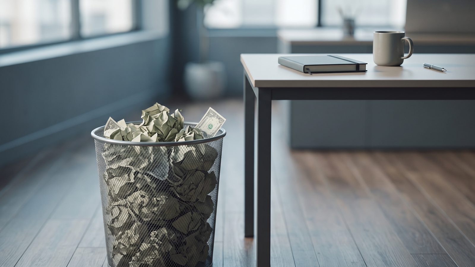 Crumpled paper in a bin beside a tidy desk