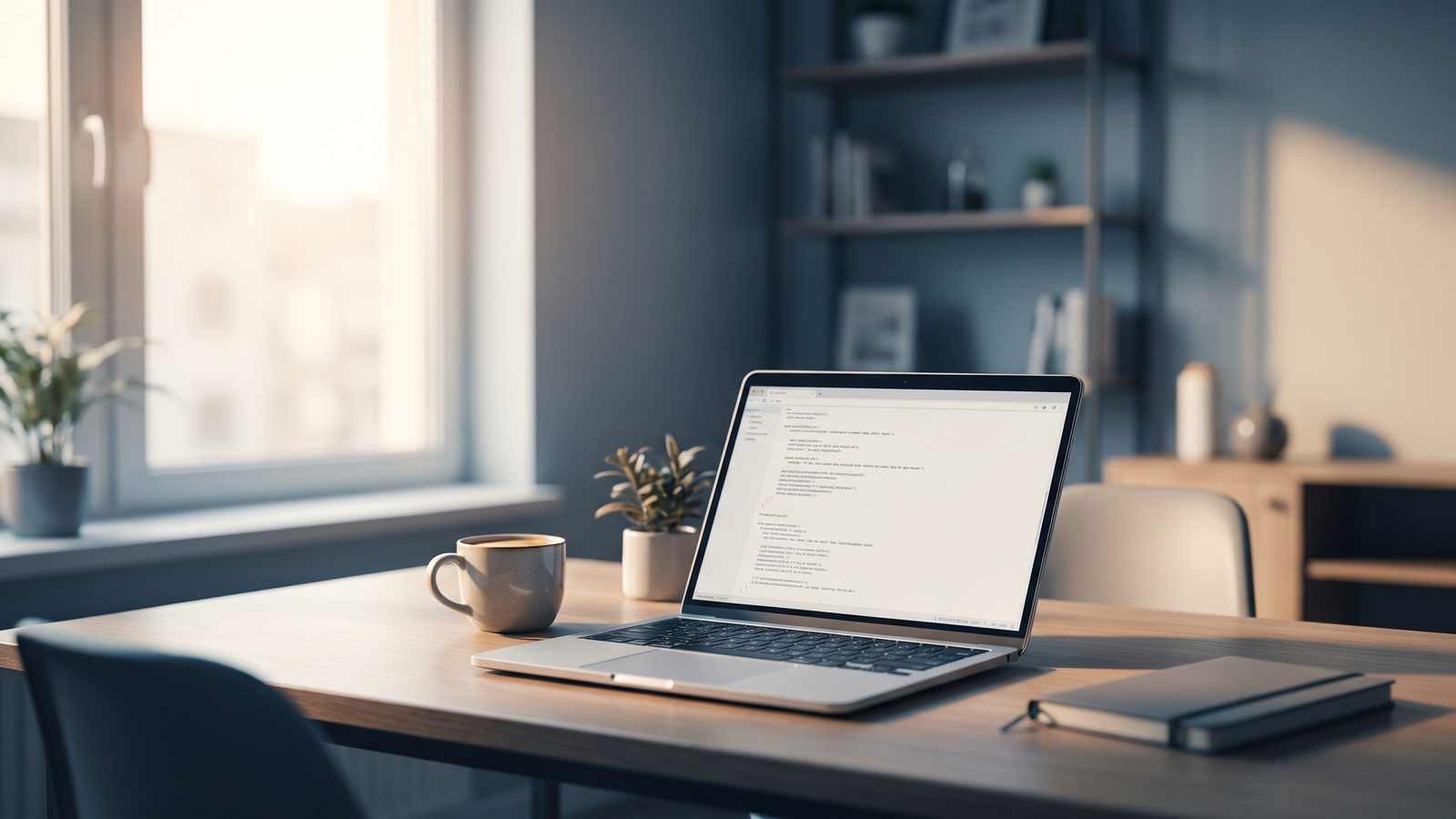 A clean desk with a laptop showing a plain-text document in warm morning light