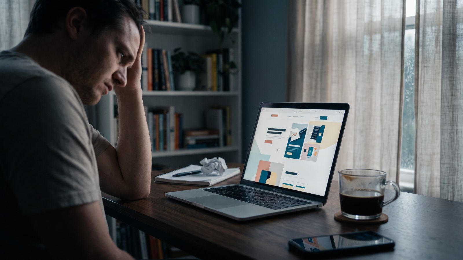 A laptop showing a landing page beside a cup of cold coffee