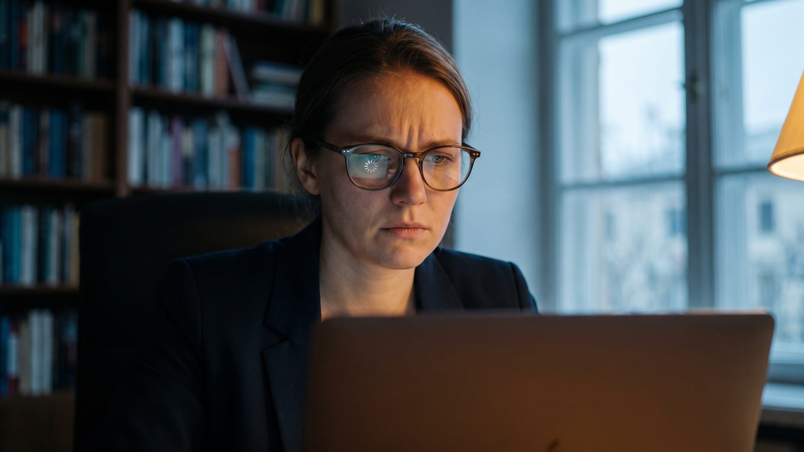 A loading spinner reflected in a business owner's glasses in a dim office