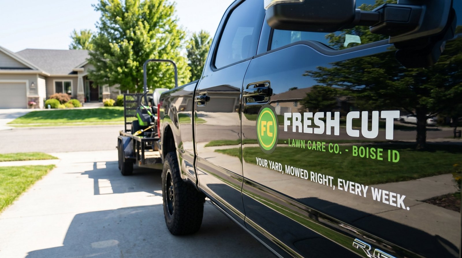 Branded service truck and trailer for a multi-route lawn care company