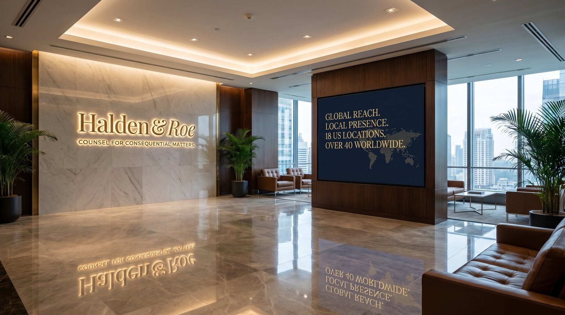 Corporate lobby of a multi-location professional services firm with global-presence signage