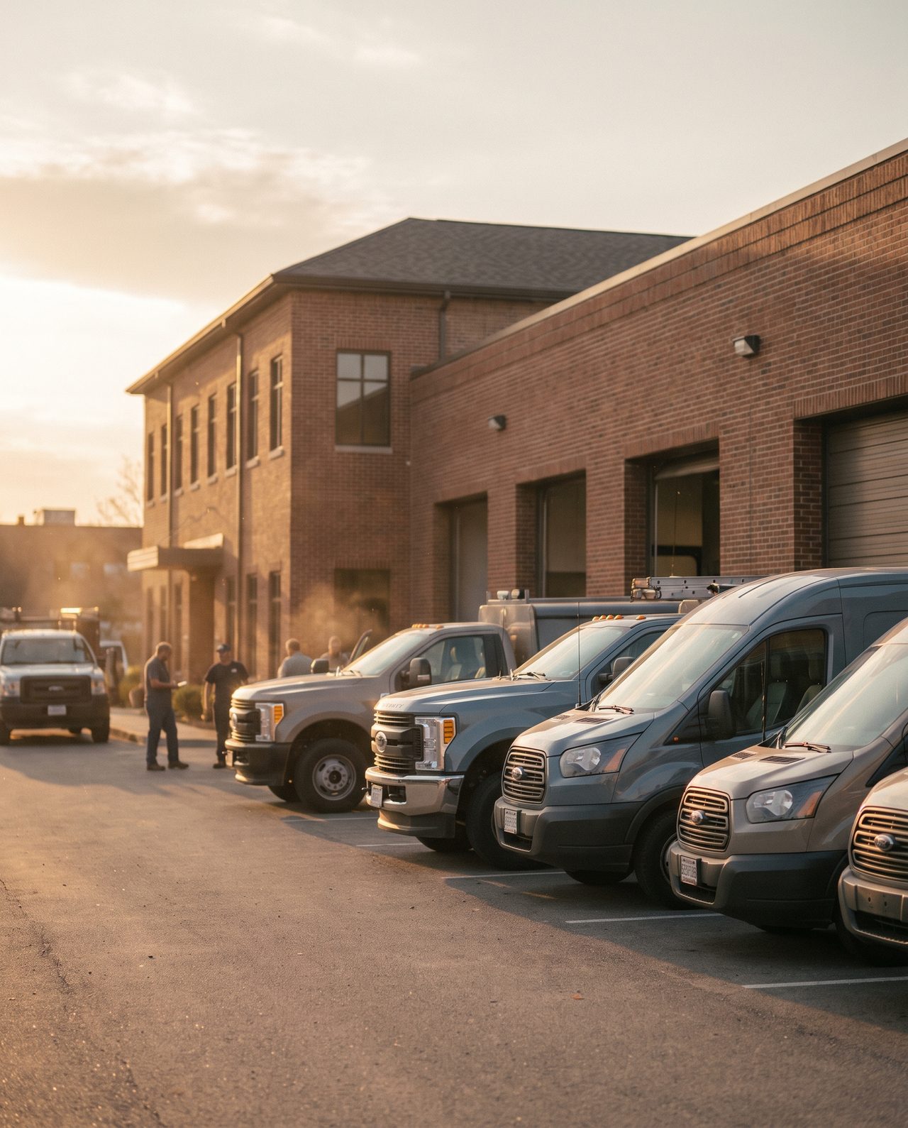 A regional service company's fleet of work trucks and vans lined up outside its commercial facility at golden hour