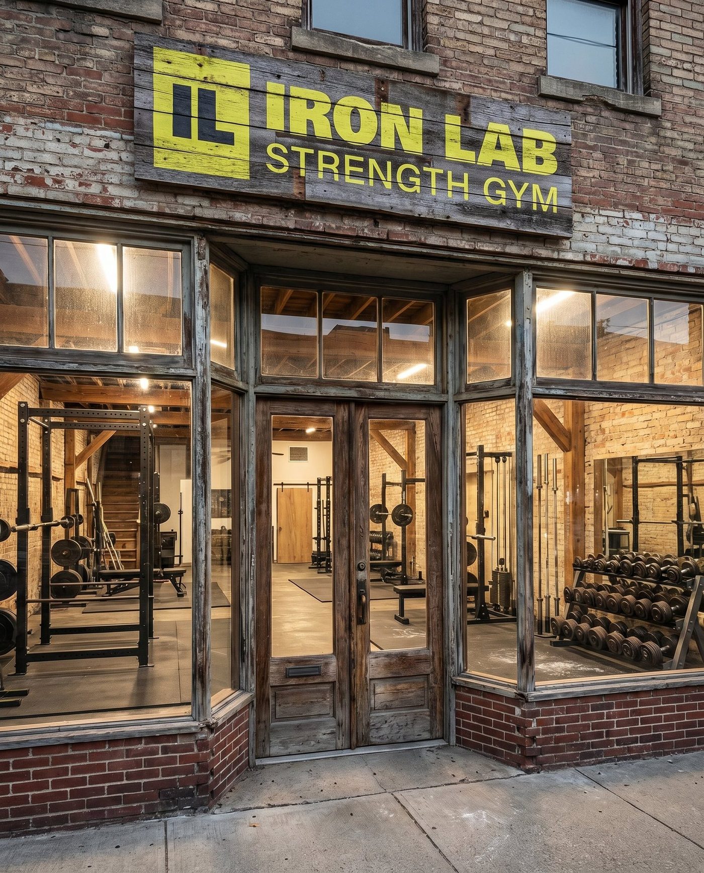 Independent strength gym storefront in a renovated brick warehouse