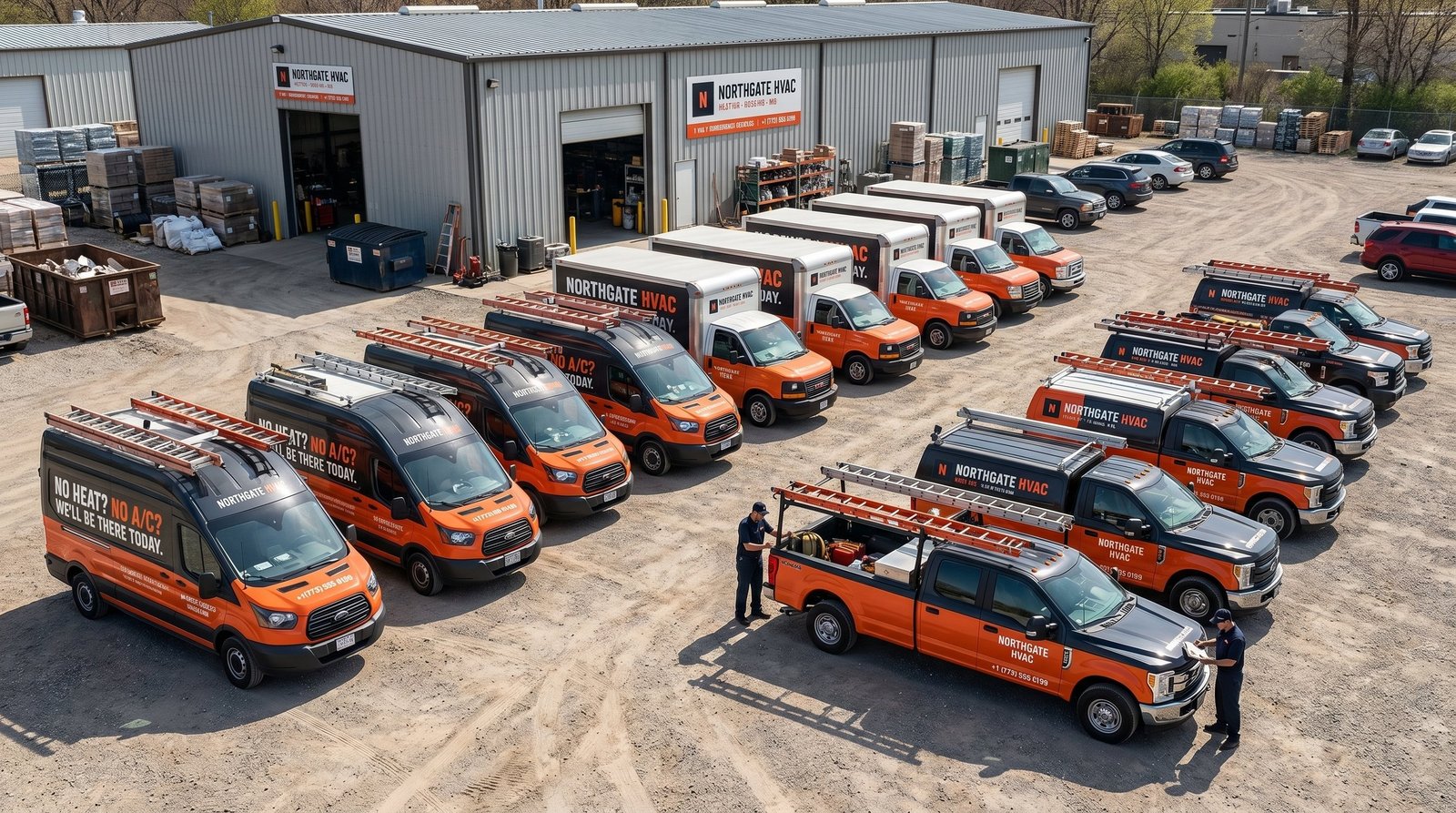 Aerial view of a multi-vehicle service fleet at an HVAC operations yard