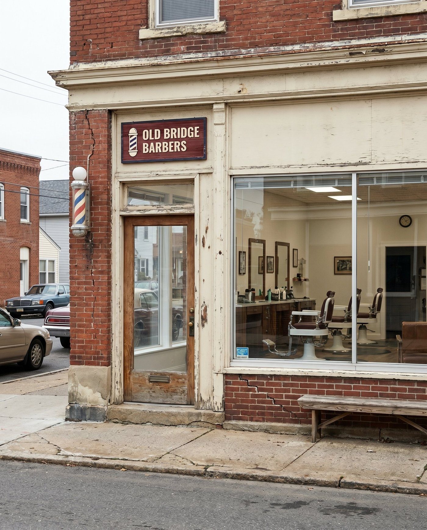 Independent barbershop storefront on a small-town main street