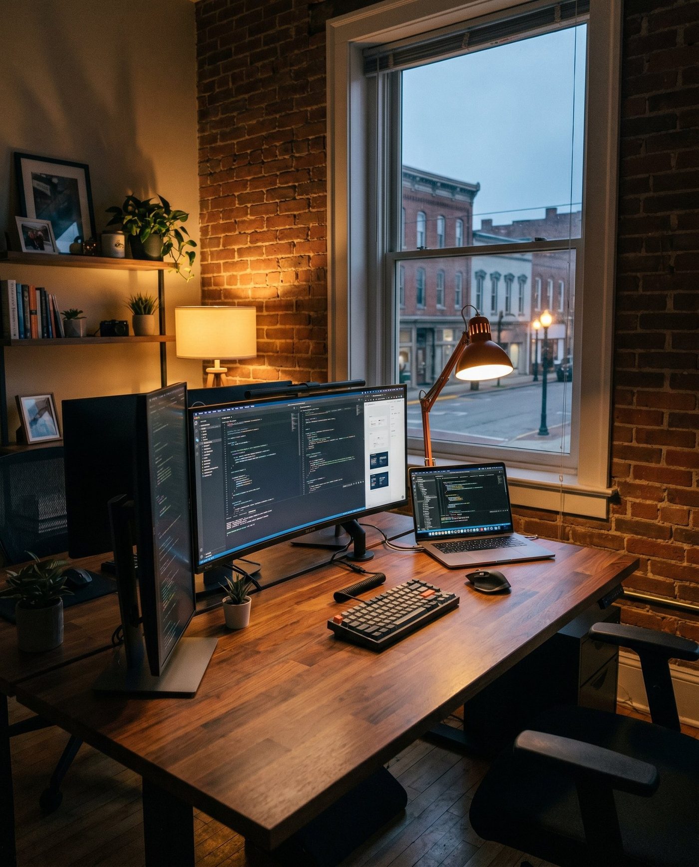 The Kotik studio — brick-walled workspace overlooking a small-town main street