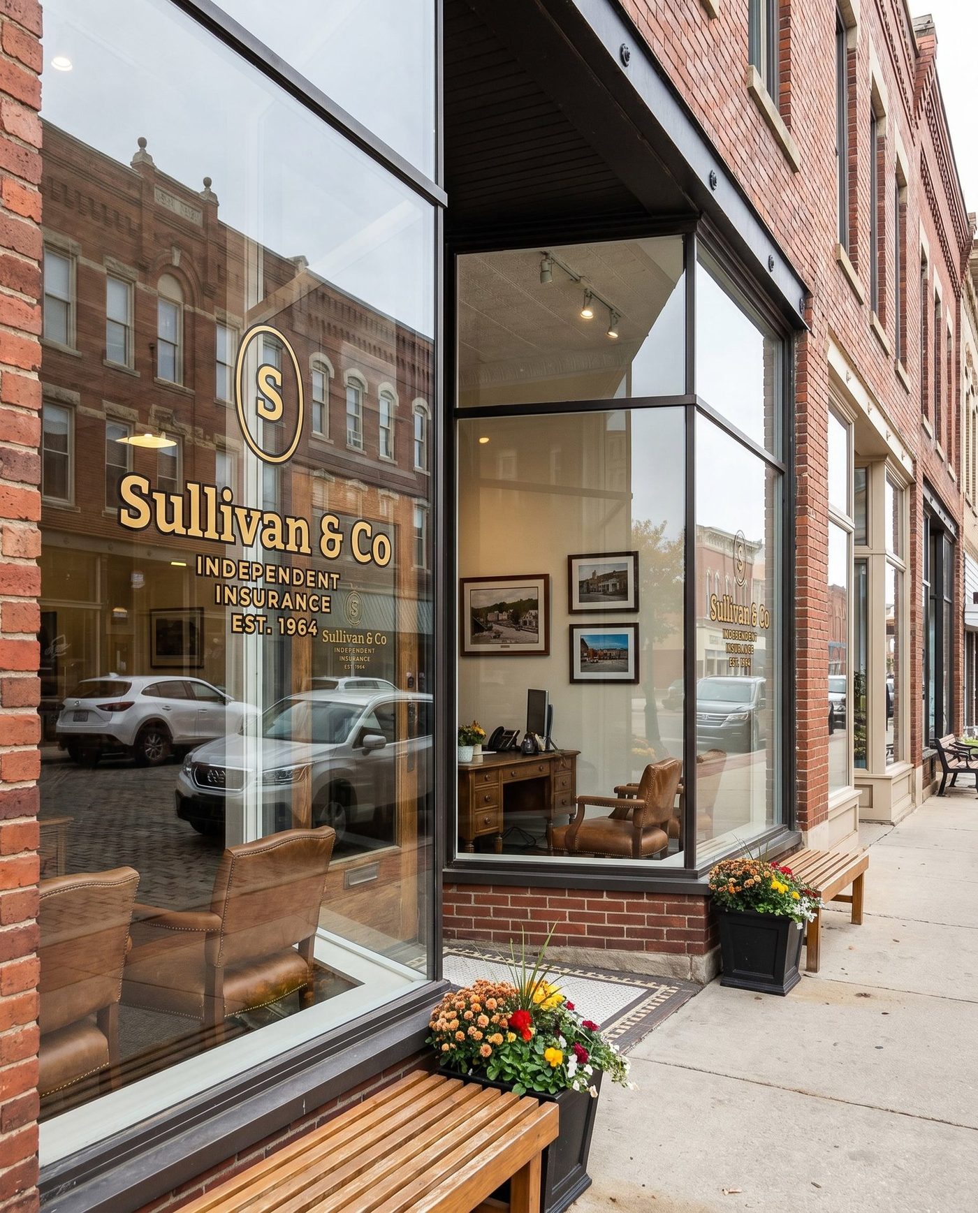 Independent insurance office storefront on a brick-front main street