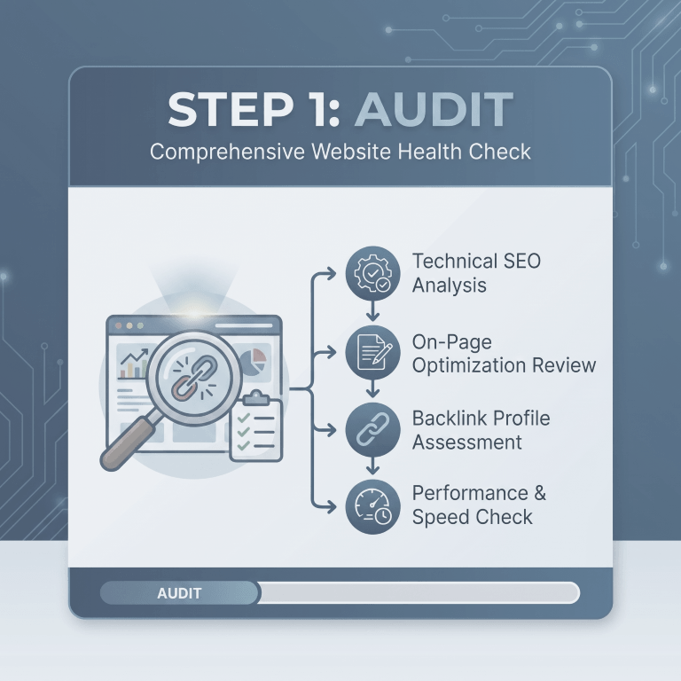 Step 1: Audit — review of whichever services you're interested in: website, Google Business Profile, AI search visibility, social accounts, and the competitive context around them