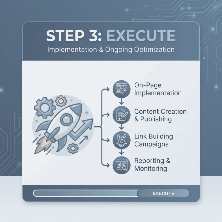 Step 3: Execute — On-page implementation, content creation and publishing, link building campaigns, and reporting and monitoring