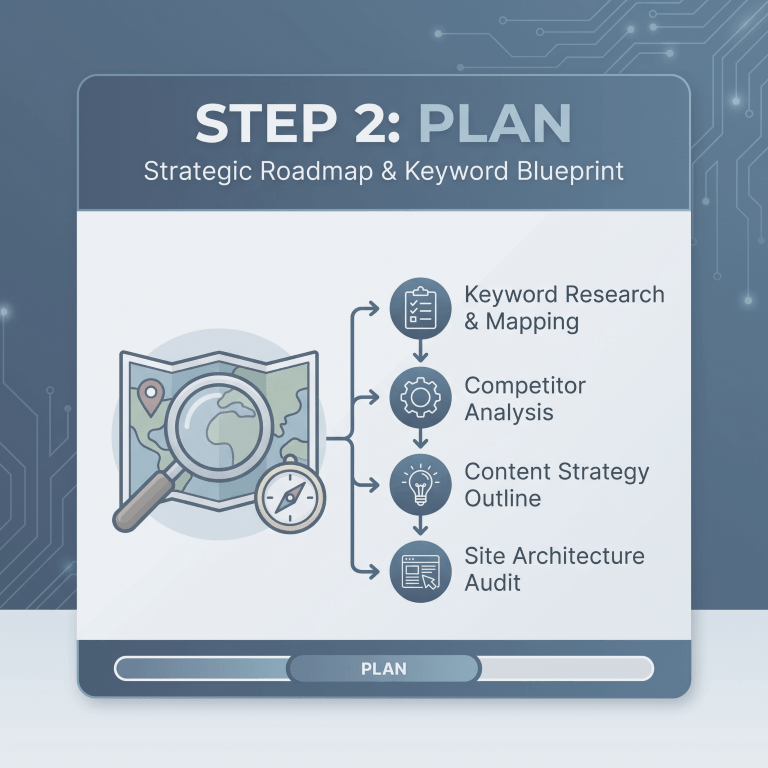 Step 2: Plan — Keyword research and mapping, competitor analysis, content strategy outline, and site architecture audit
