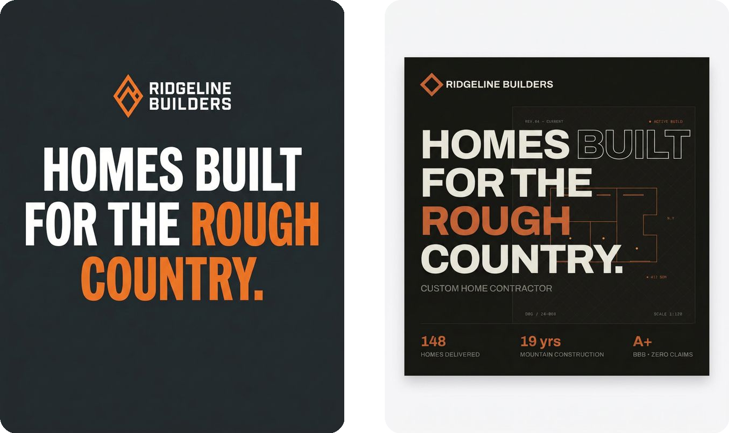 Ridgeline Builders two-channel social mockup across phone and tablet