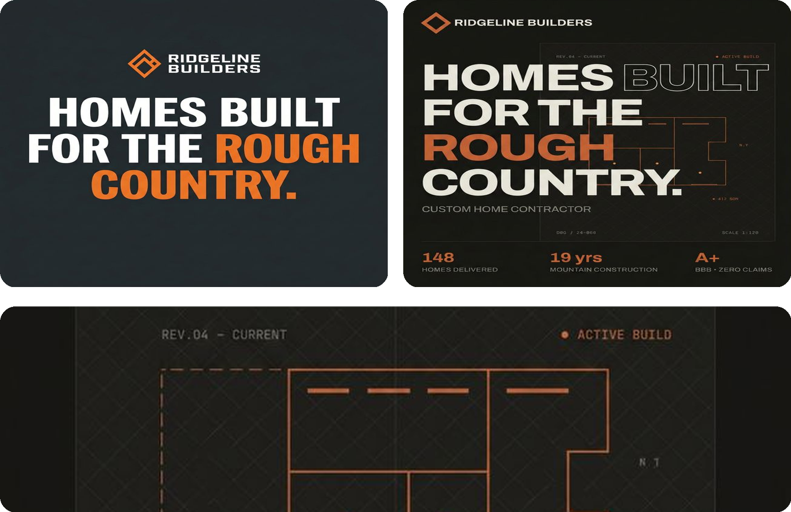 Ridgeline Builders multi-channel social mockup across phone, tablet, and a wider build-progress panel
