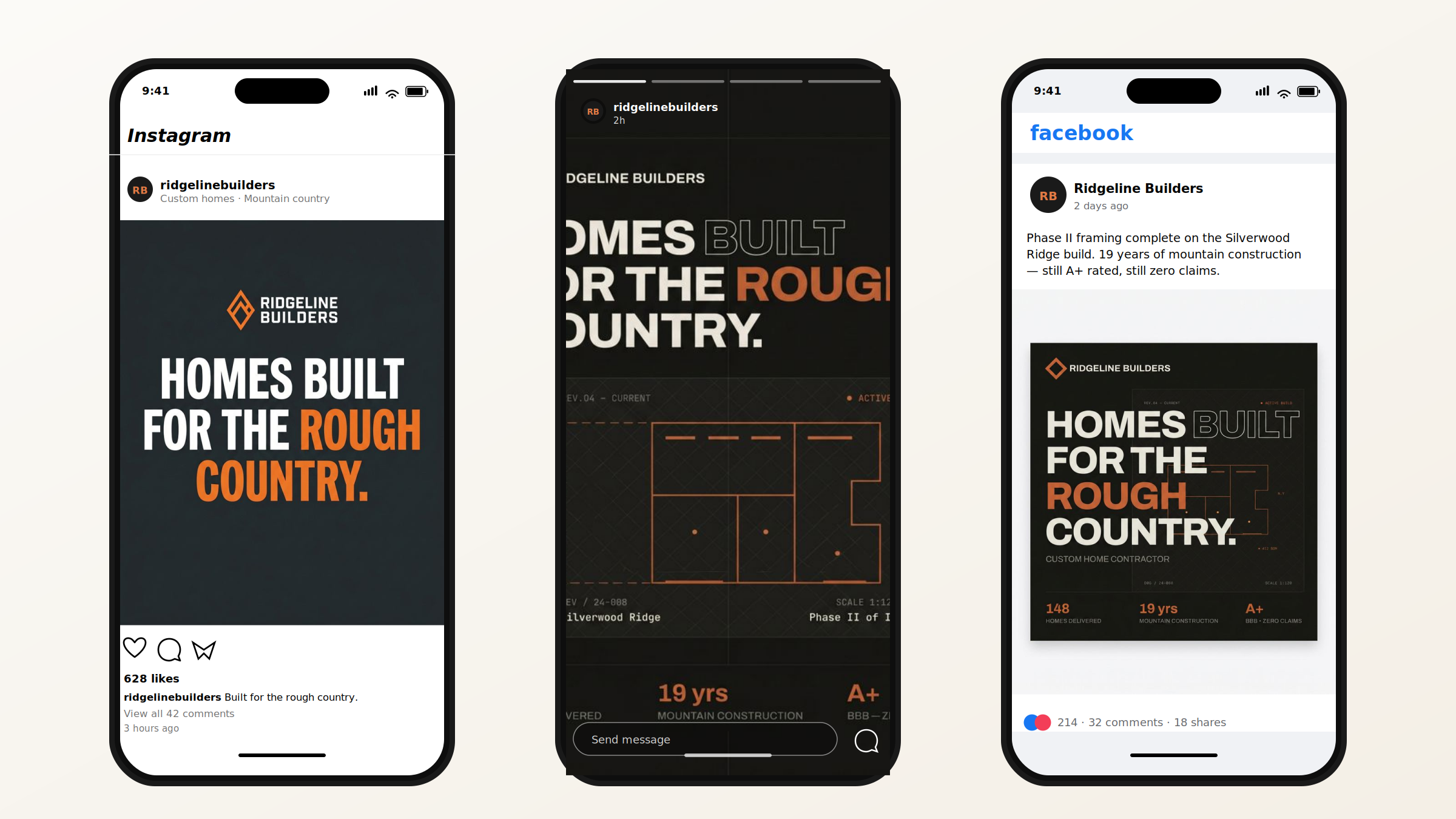 Three iPhones side-by-side showing one Ridgeline Builders campaign across Instagram feed, Instagram Story, and Facebook — each rendered at its native size