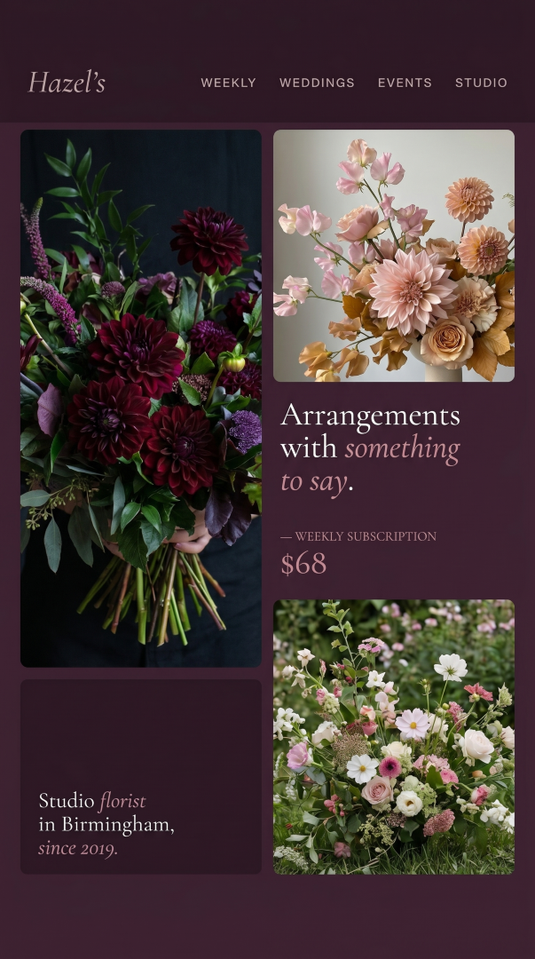 Hazel's Flowers — Instagram feed post: editorial floral arrangements