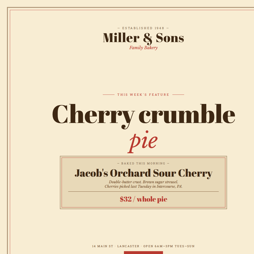Miller & Sons Family Bakery — Instagram post featuring cherry crumble pie