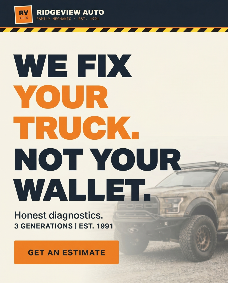 Ridgeview Auto — Facebook post: We fix your truck. Not your wallet.
